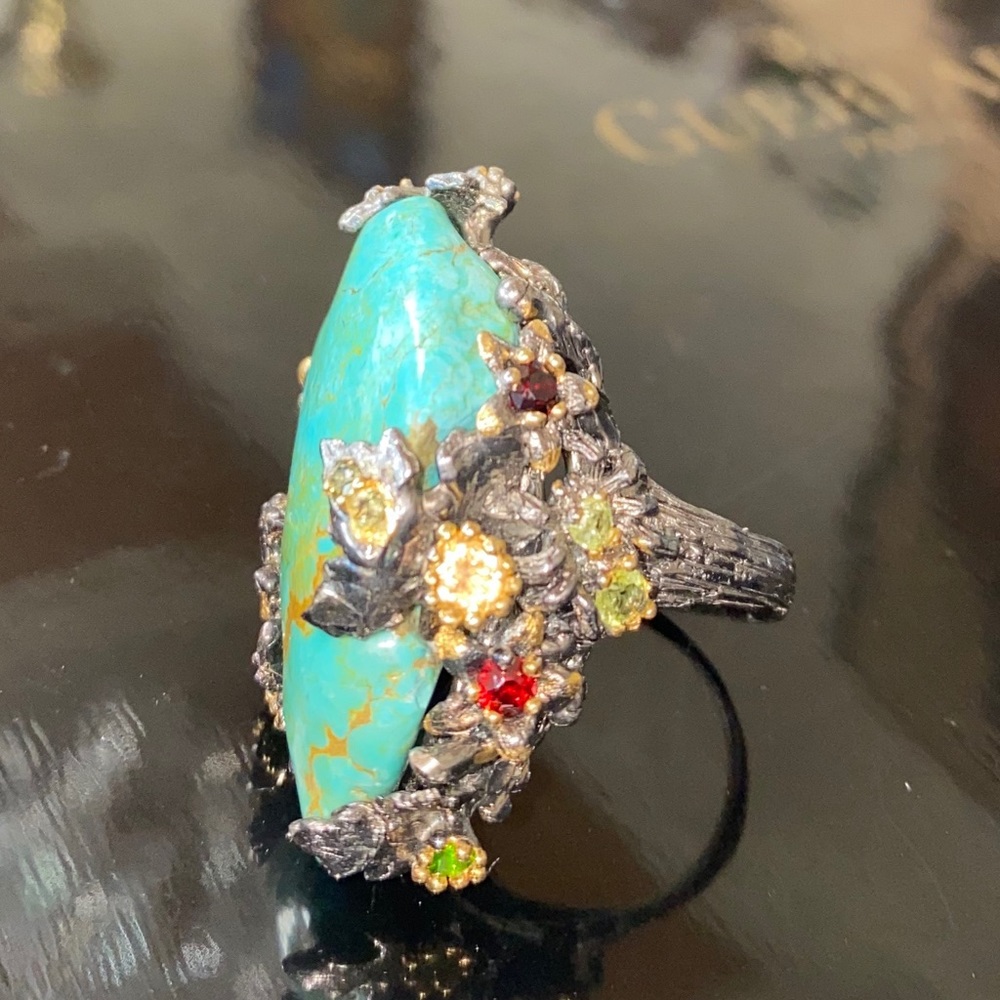 Gorgeous Genuine Turquoise Ring with Gemstones - Picture 14 of 17